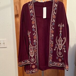 Soft Surroundings Burgundy Embroidered Jacket